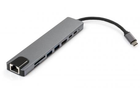 Концентратор Vinga Type-C to 4K HDMI+2*USB3.0+GigabitLAN+SD+PD+USB-C SS aluminium (VCPATC2U3CRLNHIPDGR)