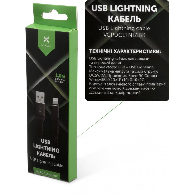 Дата кабель USB 2.0 AM to Lightning 1.0m flat nylon black Vinga (VCPDCLFNB1BK)