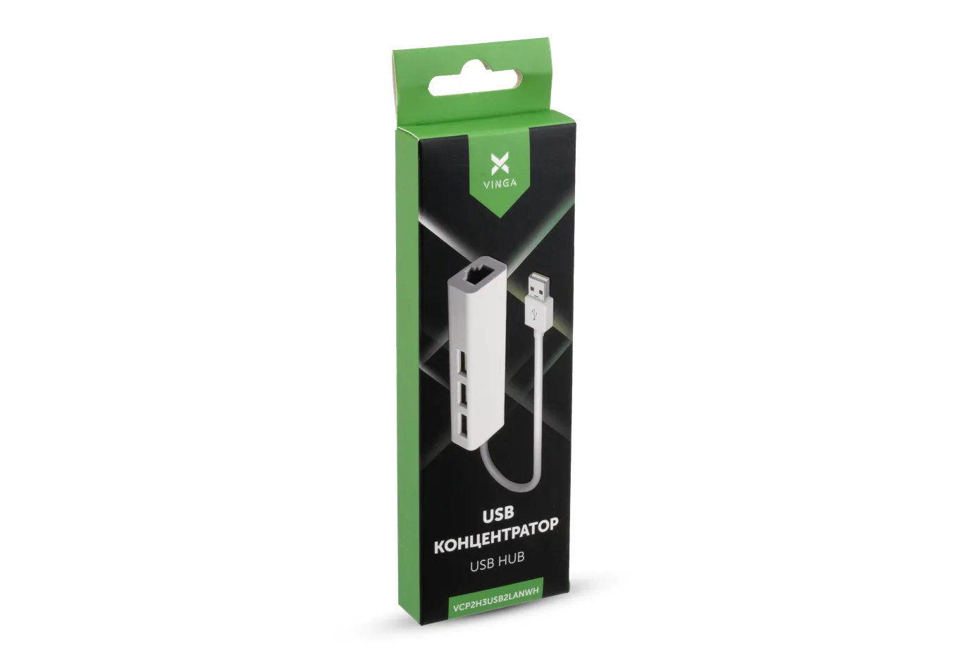 Концентратор Vinga 3xUSB2.0 + RJ45 100Mbps (VCP2H3USB2LANWH)