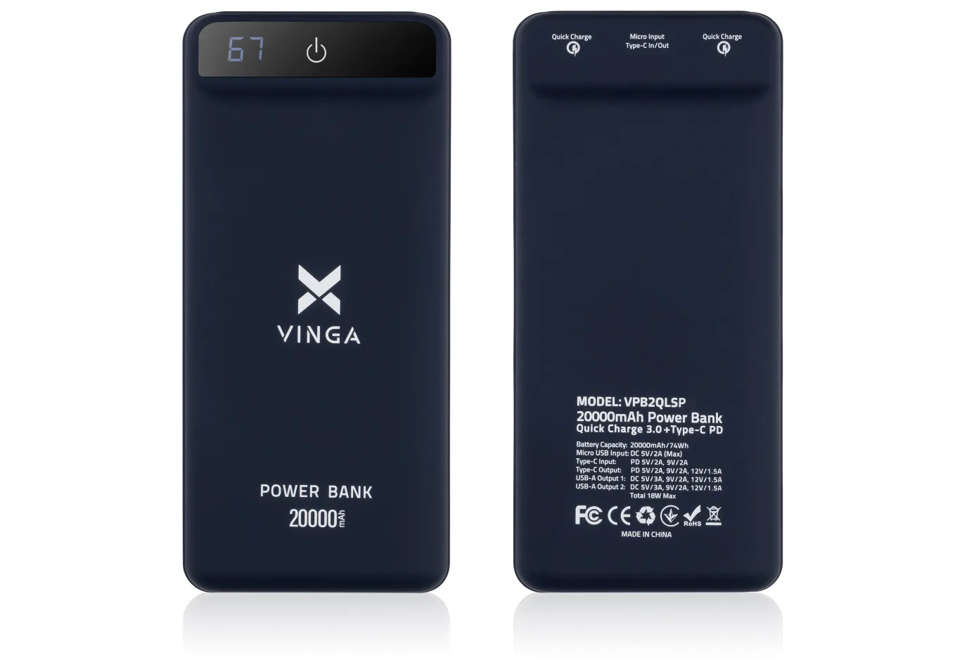 Батарея універсальна Vinga 20000 mAh QC3.0 Display soft touch purple (VPB2QLSP)