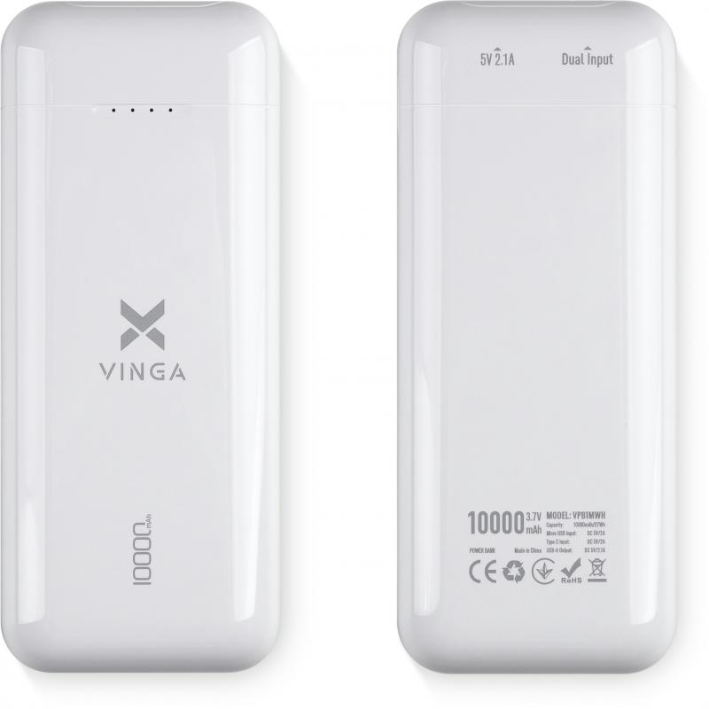 Батарея універсальна Vinga 10000 mAh glossy white (VPB1MWH)