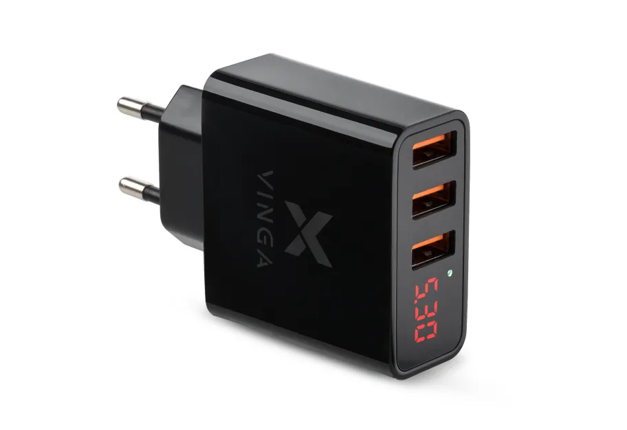 Charger Vinga 3 Port Display Wall Charger 17W Max (VWCAAADBK)