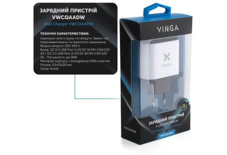 Зарядное устройство Vinga 2 Port QC3.0 Display Wall Charger (VWCQAADW)
