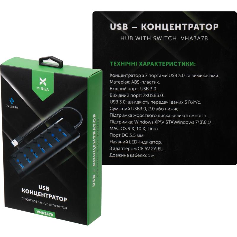 Концентратор Vinga USB3.0 to 7*USB3.0 1m cable with Switch and Power Adapter (VHA3A7B)