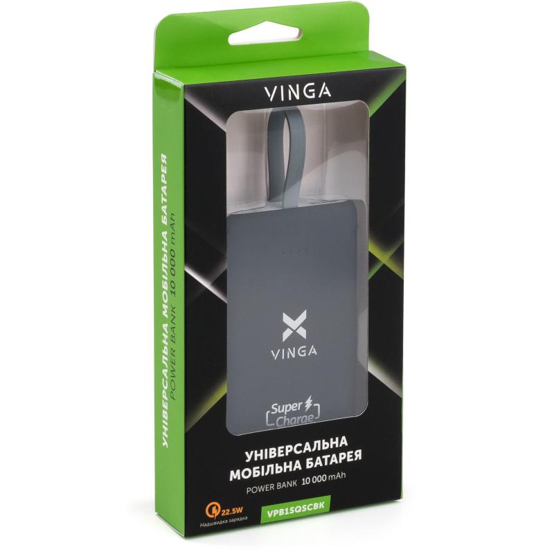 Батарея универсальная Vinga 10000 mAh SuperQC soft touch w/cable 22.5W black (VPB1SQSCBK)