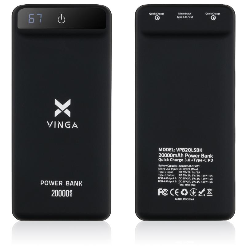 Батарея универсальная Vinga 20000 mAh QC3.0 Display soft touch black (VPB2QLSBK)