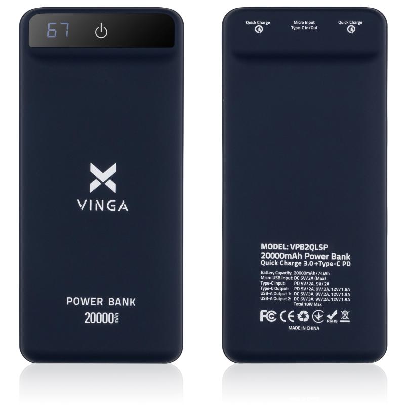 Батарея универсальная Vinga 20000 mAh QC3.0 Display soft touch purple (VPB2QLSP)