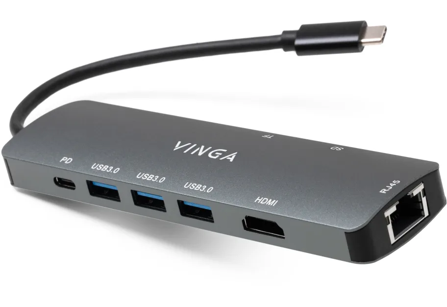 Концентратор Vinga USB-C 3.1 to HDMI+RJ45_1Gbps+3xUSB3.0+SD/TF+PD100W (VHYC8)