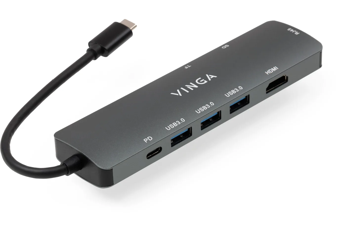 Концентратор Vinga USB-C 3.1 to HDMI+RJ45_1Gbps+3xUSB3.0+SD/TF+PD100W (VHYC8)