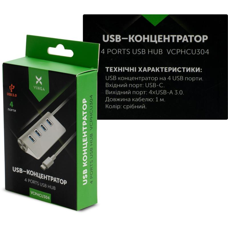 Концентратор Vinga Type-C to 4*USB3.0 1.0m cable aluminium (VCPHCU304)