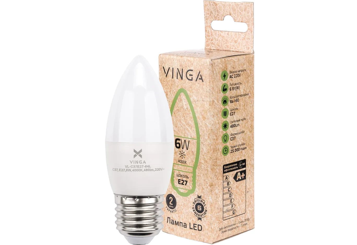 Лампочка Vinga VL-C37E27-64L