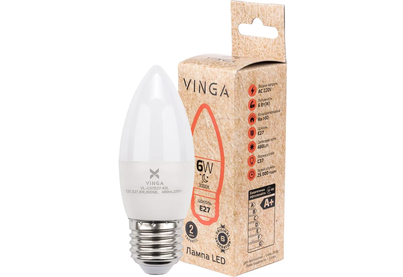 Лампочка Vinga VL-C37E27-63L