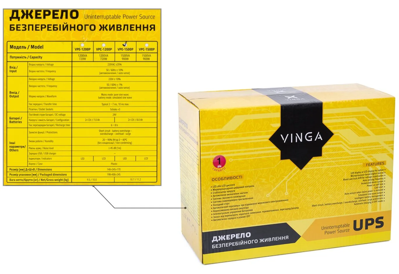 Пристрій безперебійного живлення Vinga LED 1500VA plastic case (VPE-1500P)