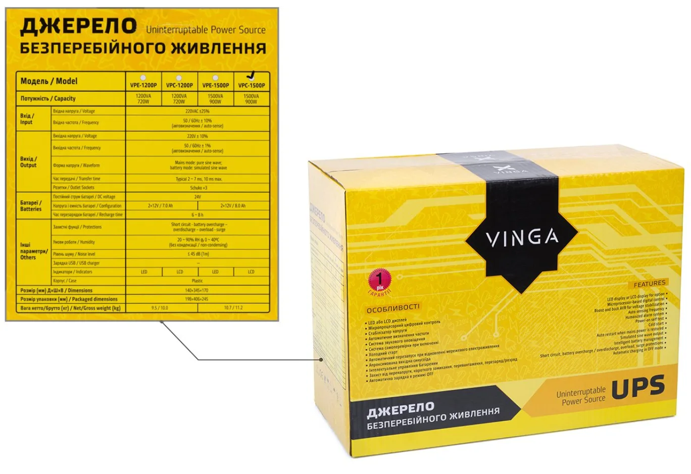 Пристрій безперебійного живлення Vinga LCD 1500VA plastic case (VPC-1500P)
