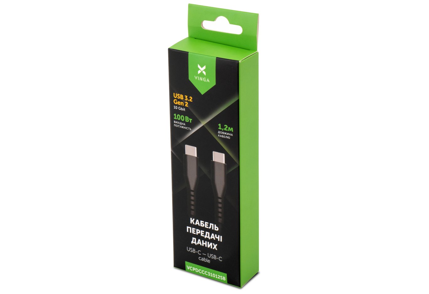 Data cable USB-C to USB-C 1.2m UBS3.2 Gen2 10G 100W Chip Silicon Black Vinga (VCPDCCC31012SB)