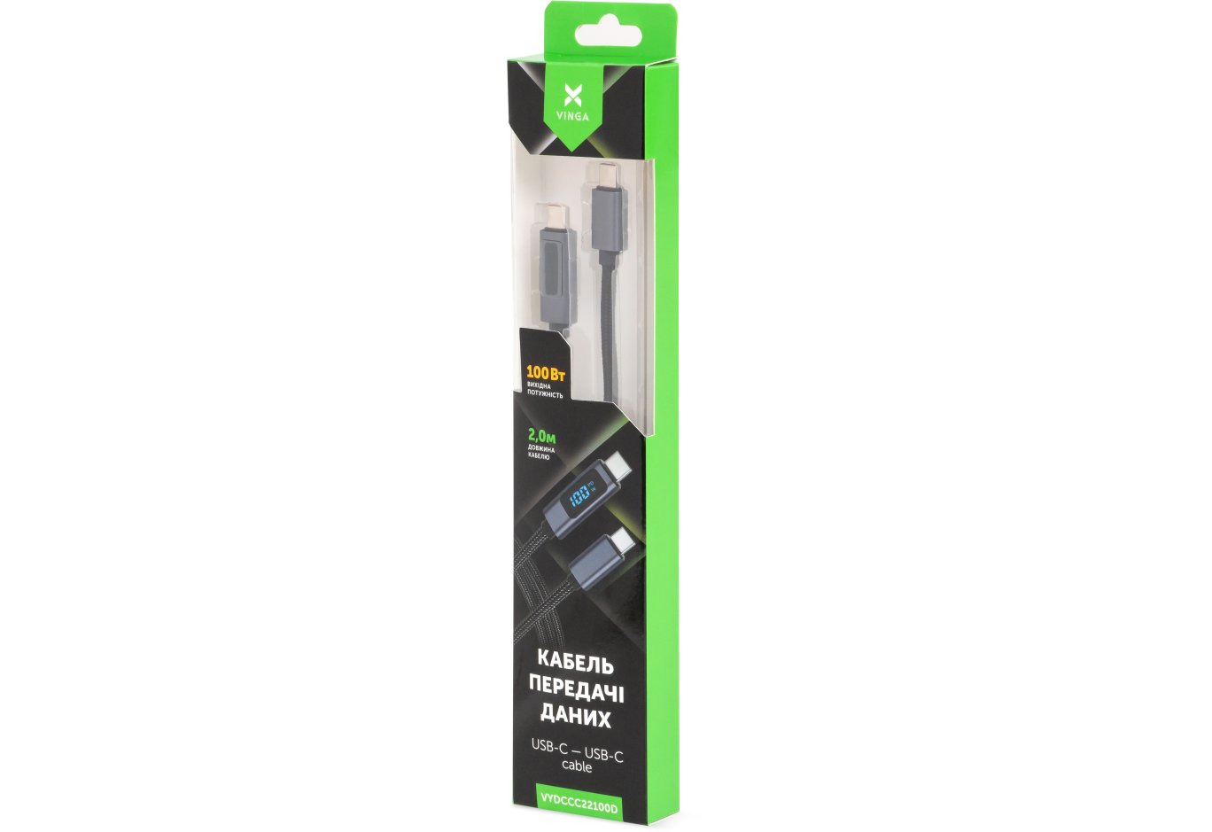 Data cable USB-C to USB-C 2.0m 100W LCD Display Nylon Black Vinga (VYDCCC22100D)