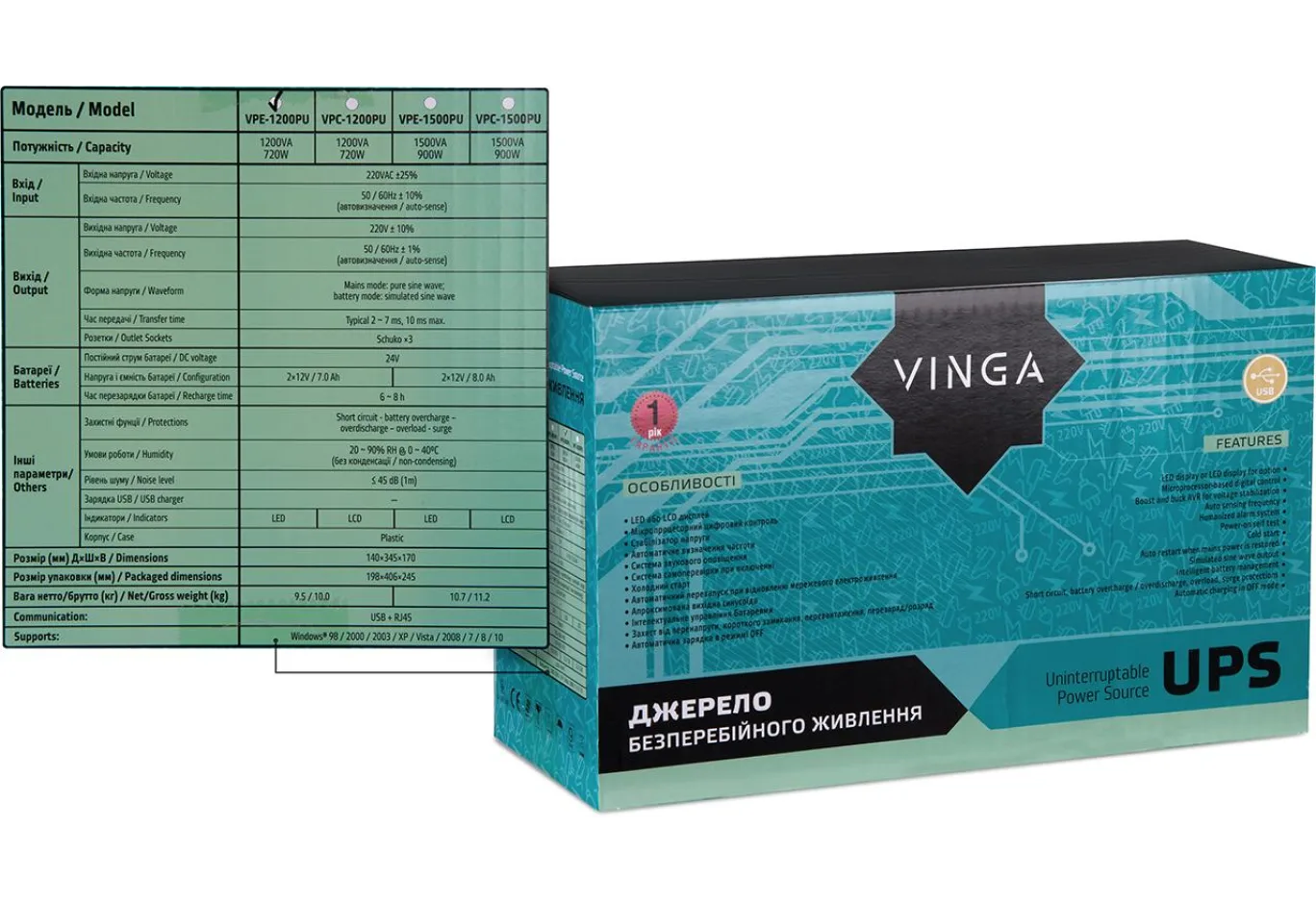 Пристрій безперебійного живлення Vinga LED 1200VA plastic case with USB (VPE-1200PU)