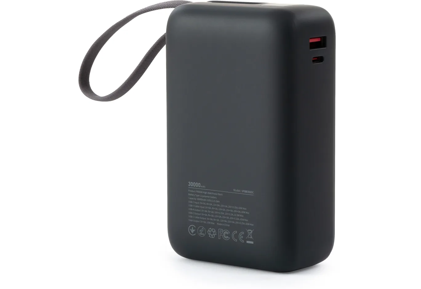 Батарея універсальна Vinga 30000 mAh 65W Display Cable (VPBB3065C)