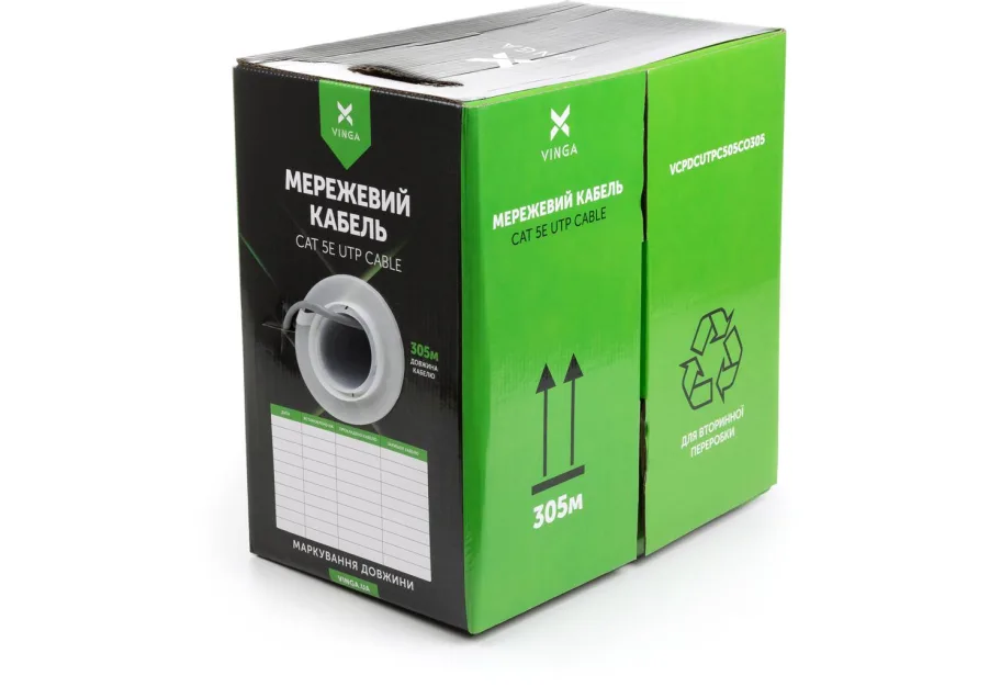 Network cable Vinga UTP 305м cat.5e Copper 4 pairs 0.5мм мідь (VCPDCUTPC505CO305)