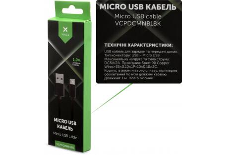 Дата кабель USB 2.0 AM to Micro 5P 1m nylon black Vinga (VCPDCMNB1BK)
