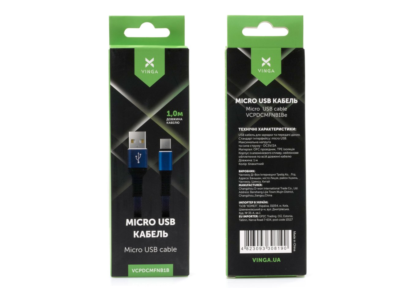 Data cable USB 2.0 AM to Micro 5P 1m flat nylon blue Vinga (VCPDCMFNB1B)