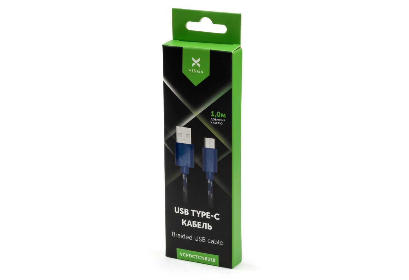 Data cable USB 2.0 AM to USB-C 1.0m 2color nylon blue Vinga (VCPDCTCNB31B)