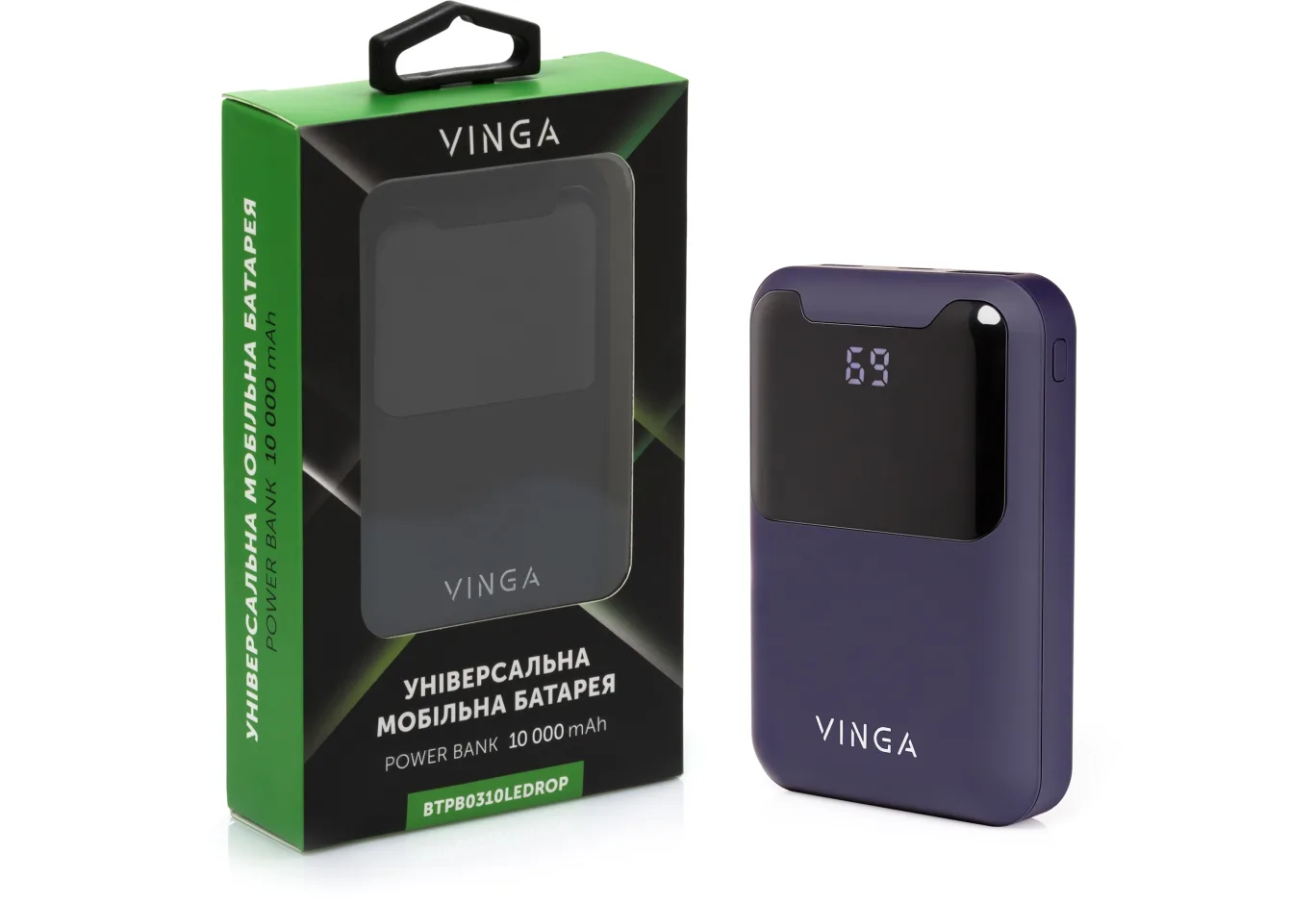 Батарея універсальна Vinga 10000 mAh Display soft touch purple (BTPB0310LEDROP)