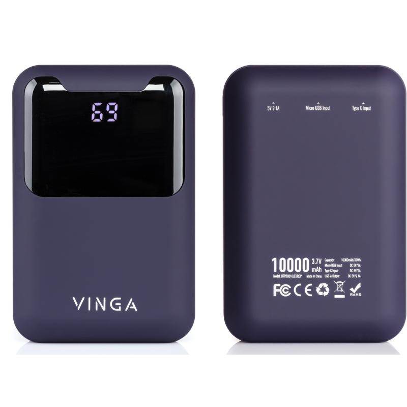 Батарея універсальна Vinga 10000 mAh Display soft touch purple (BTPB0310LEDROP)