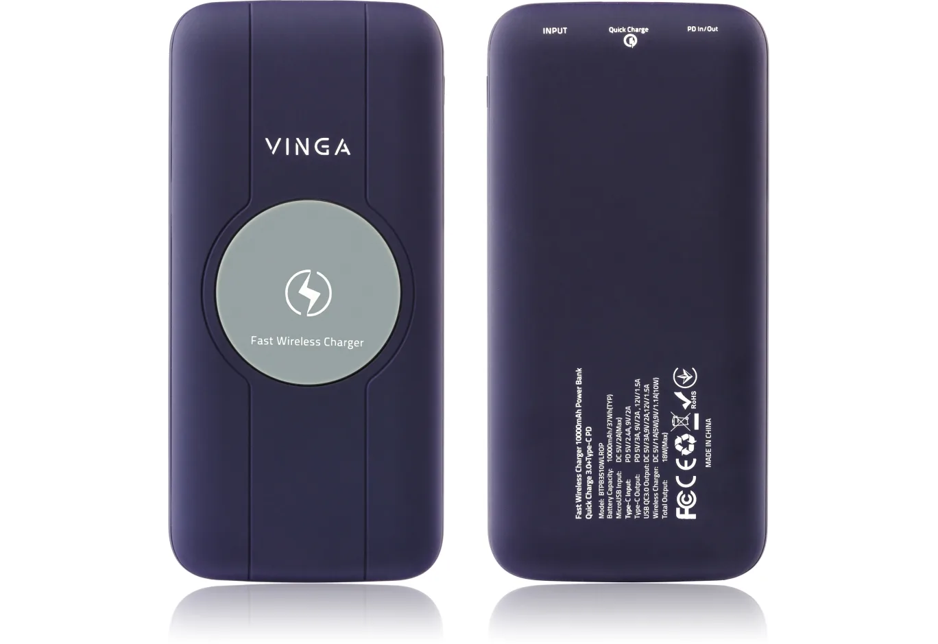 Батарея універсальна Vinga 10000 mAh Wireless QC3.0 PD soft touch purple (BTPB3510WLROP)