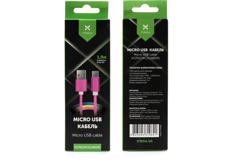 Дата кабель USB 2.0 AM to Micro 5P 1.0m rainbow nylon Vinga (VCPDCMCOLNB1RS)