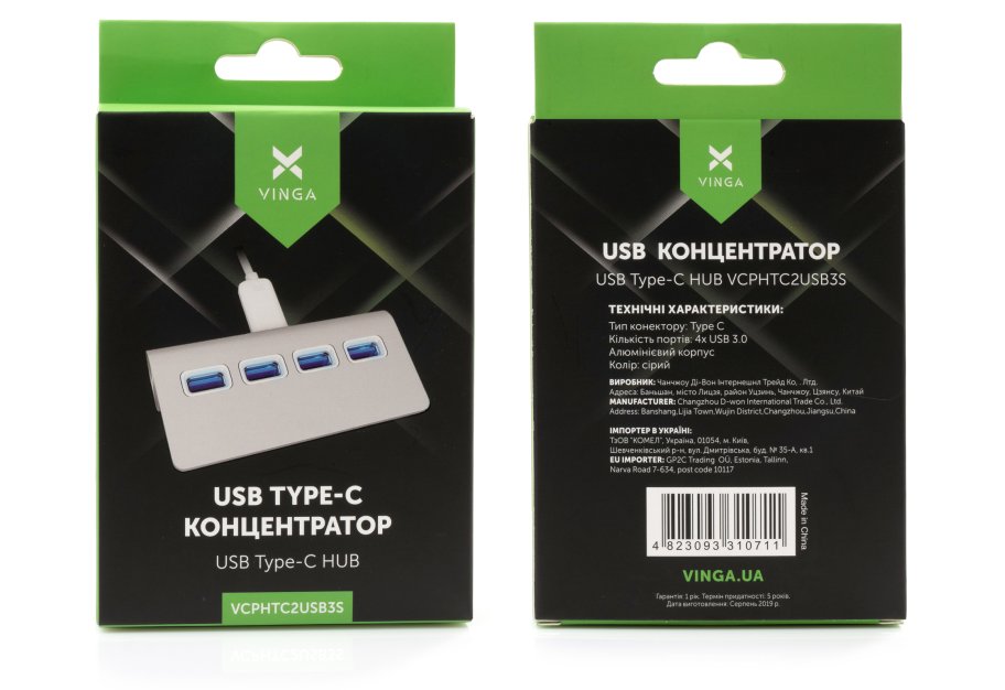 Концентратор Vinga Type-C to 4*USB3.0 aluminium (VCPHTC2USB3S)