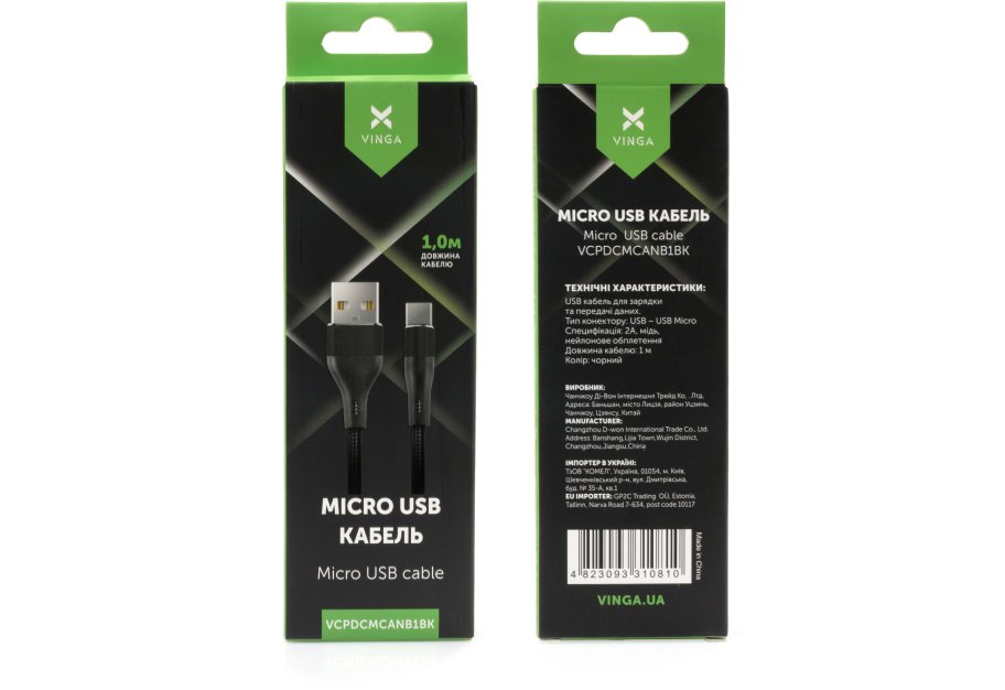 Дата кабель USB 2.0 AM to Micro 5P 1.0m cylindric nylon black Vinga (VCPDCMCANB1BK)
