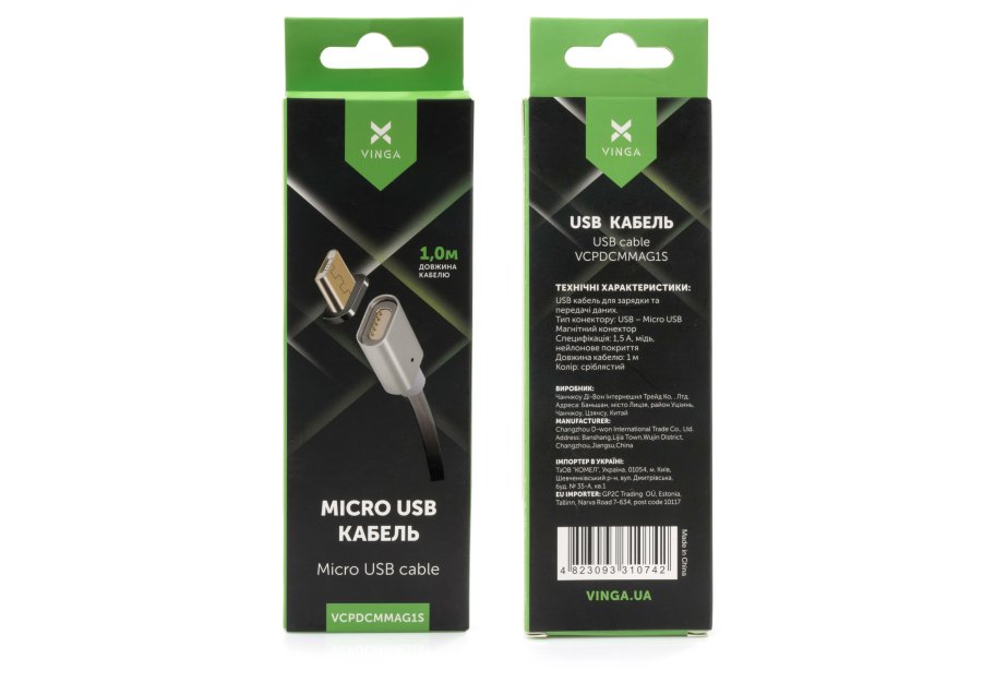 Дата кабель USB 2.0 AM to Micro 5P 1.0m Magnetic Vinga (VCPDCMMAG1S)