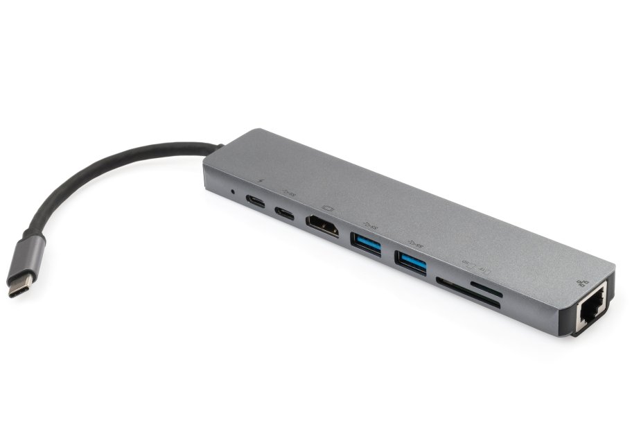 Концентратор Vinga Type-C to 4K HDMI+2*USB3.0+GigabitLAN+SD+PD+USB-C SS aluminium (VCPATC2U3CRLNHIPDGR)