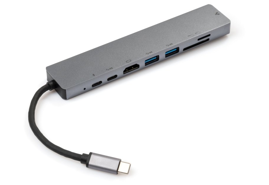Концентратор Vinga Type-C to 4K HDMI+2*USB3.0+GigabitLAN+SD+PD+USB-C SS aluminium (VCPATC2U3CRLNHIPDGR)