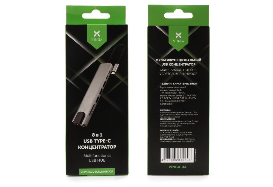 Концентратор Vinga Type-C to 4K HDMI+2*USB3.0+GigabitLAN+SD+PD+USB-C SS aluminium (VCPATC2U3CRLNHIPDGR)