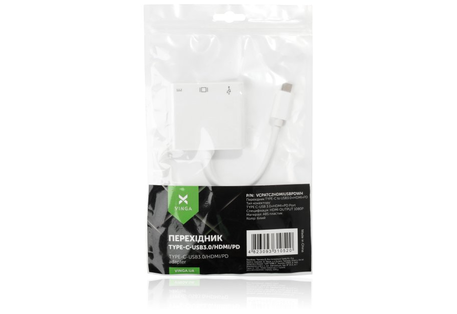 Концентратор Vinga Type-C to HDMI+USB3.0+Type-C PD (VCPATC2HDMIUSBPDWH)