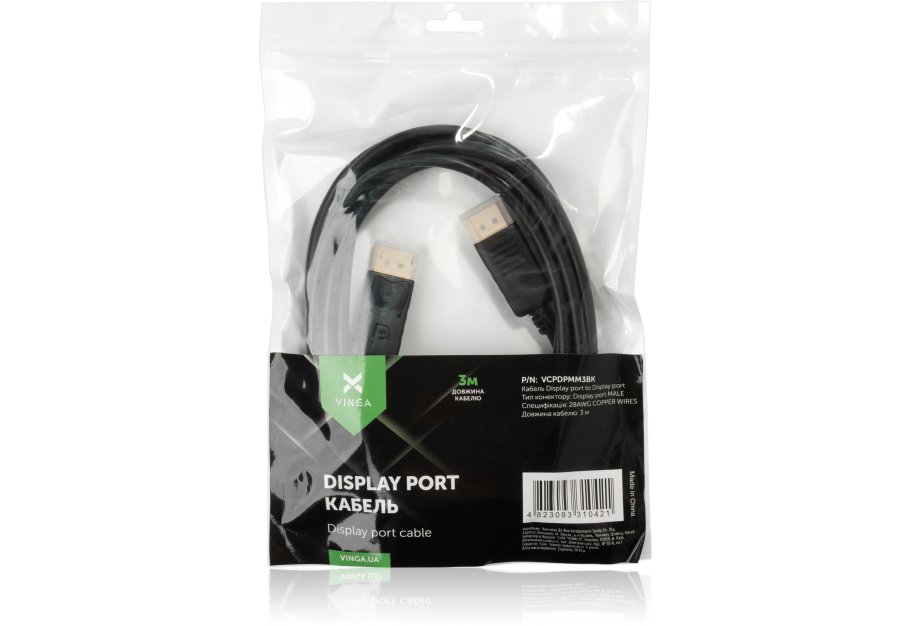 Кабель мультимедійний DisplayPort M to DisplayPort M 1.8m Vinga (VCPDP1.8BK)