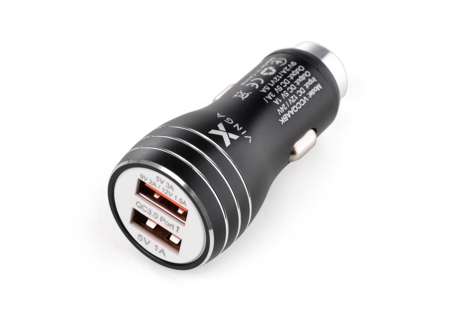 Зарядний пристрій Vinga QC3 Quick Dual USB Car Charger aluminium 18W Max (VCCQAABK)