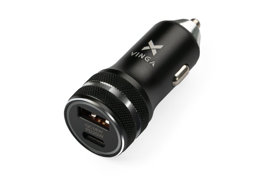 Зарядний пристрій Vinga QC3.0 + PD Quick Car Charger aluminium 36W Max black (VCCQPAC)