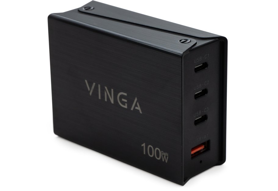Зарядний пристрій Vinga GaN 100W PD+QC 3C1A ports 1.2m Wired Charger (VCPCH100CB)