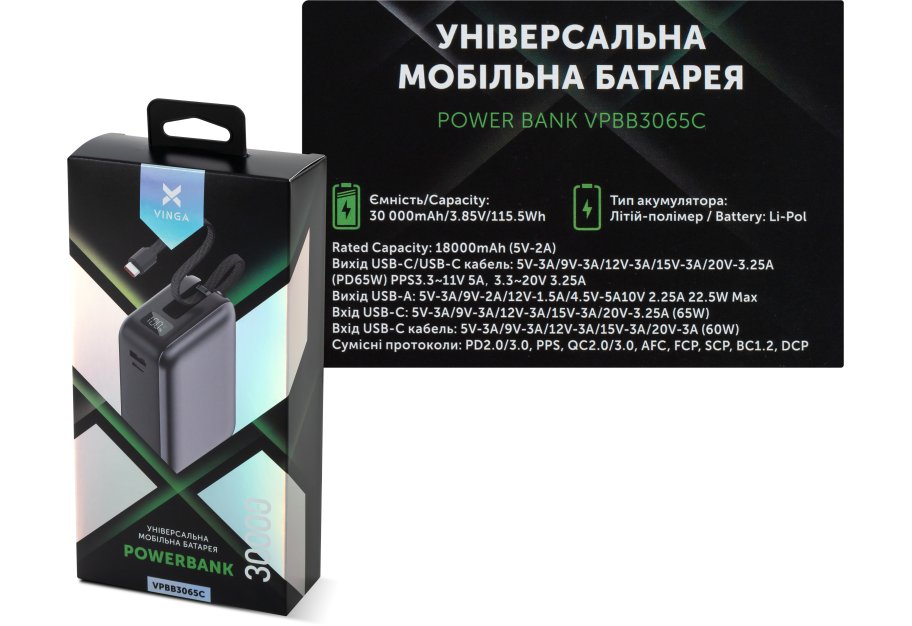 Батарея універсальна Vinga 30000 mAh 65W Display Cable (VPBB3065C)