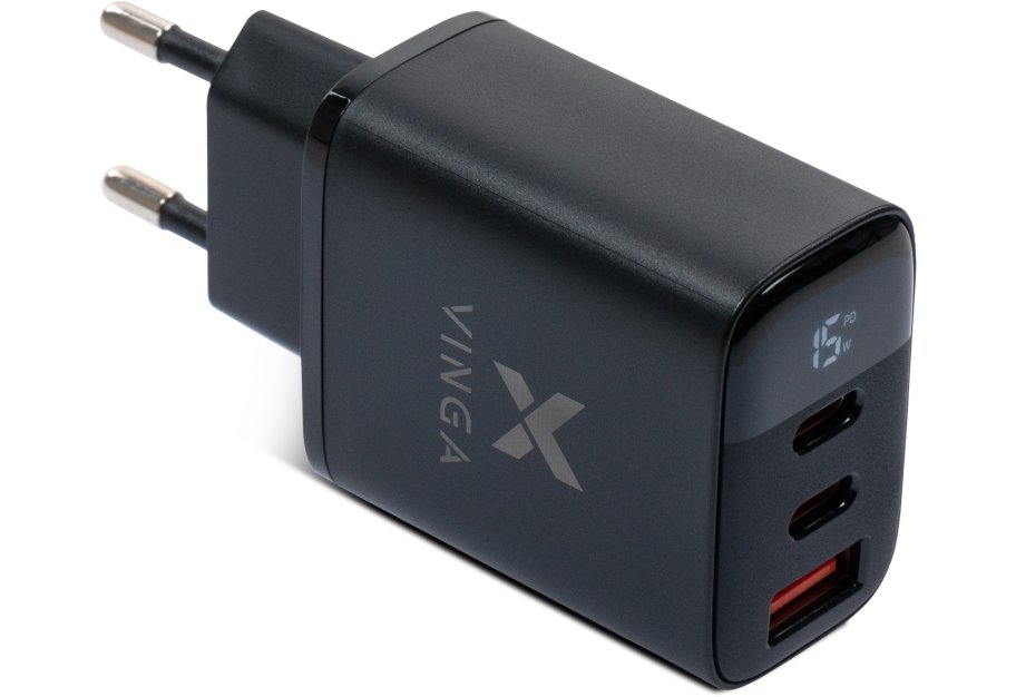 Зарядний пристрій Vinga 2xUSB-C PD30W + USB-A QC30W Display 30W Max (VCR30ACCDB)