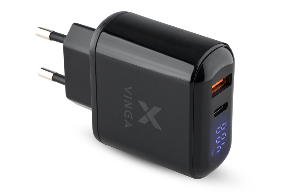 Зарядний пристрій Vinga 2 Port QC3.0+PD Display Wall Charger (VWCQPACDBK)