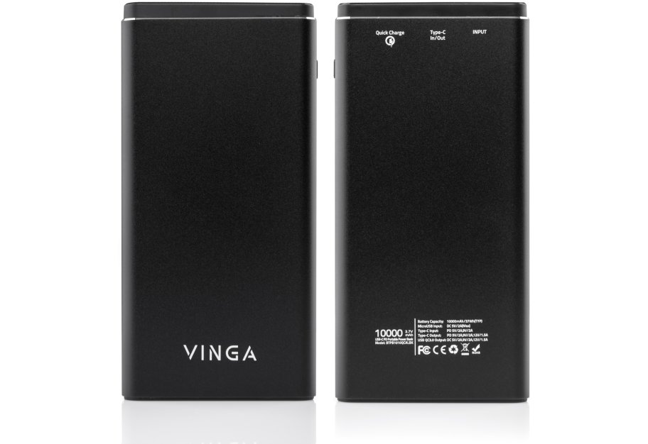 Батарея універсальна Vinga 10000 mAh QC3.0 PD aluminium black (BTPB1010QCALBK)