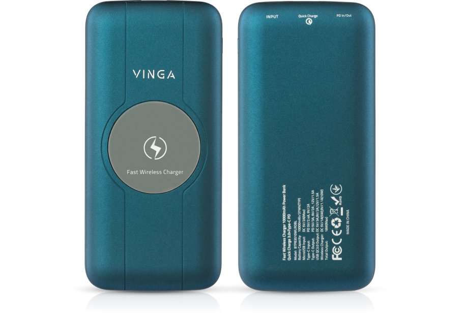 Батарея універсальна Vinga 10000 mAh Wireless QC3.0 PD soft touch blue (BTPB3510WLROBL)