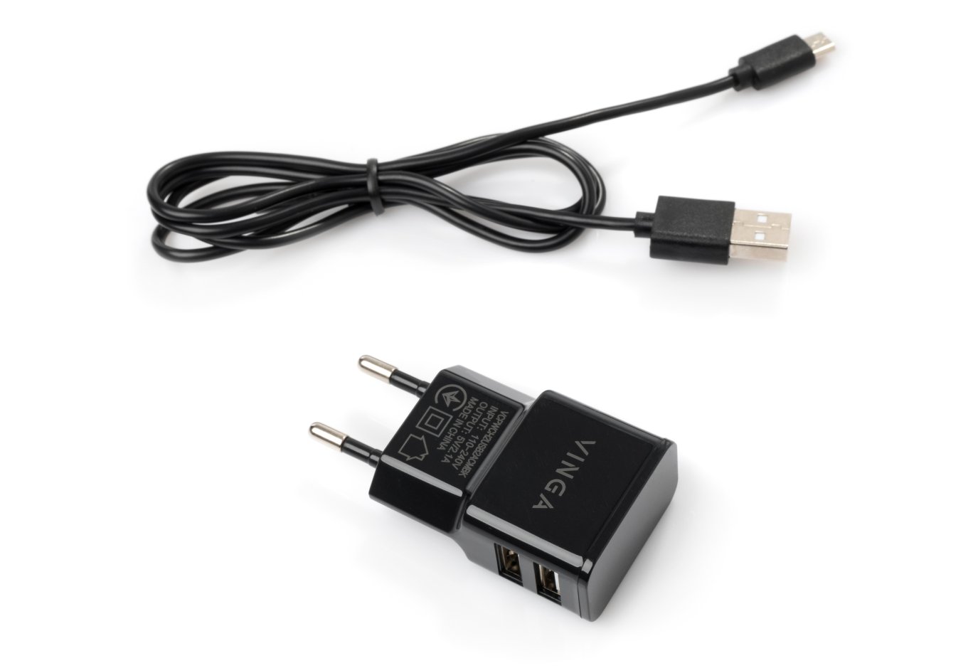 Зарядний пристрій Vinga 2 Port USB Wall Charger 2.1A + microUSB cable (VCPWCH2USB2ACMBK)
