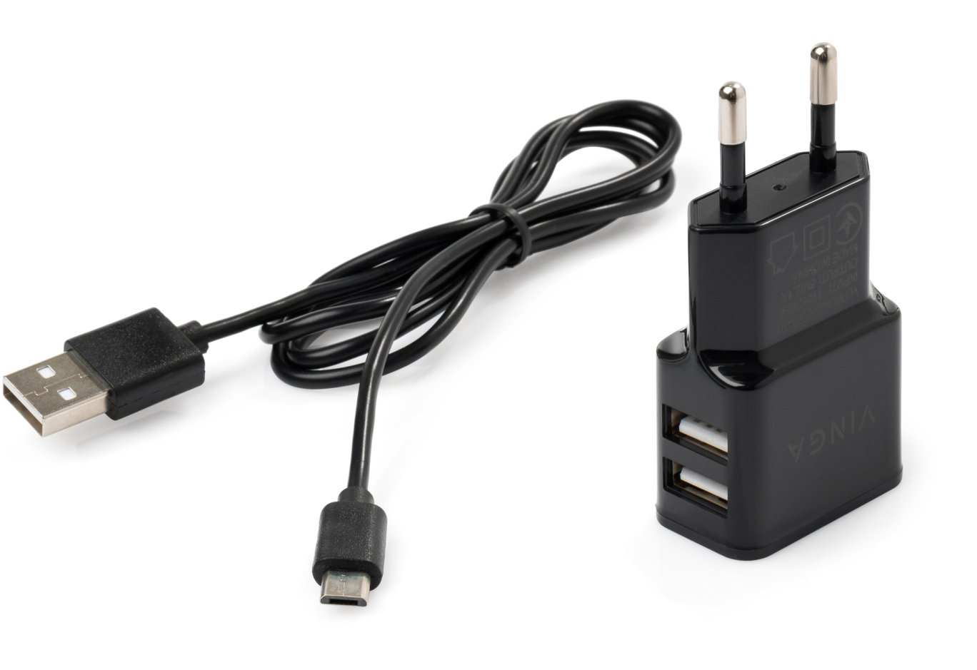 Зарядний пристрій Vinga 2 Port USB Wall Charger 2.1A + microUSB cable (VCPWCH2USB2ACMBK)