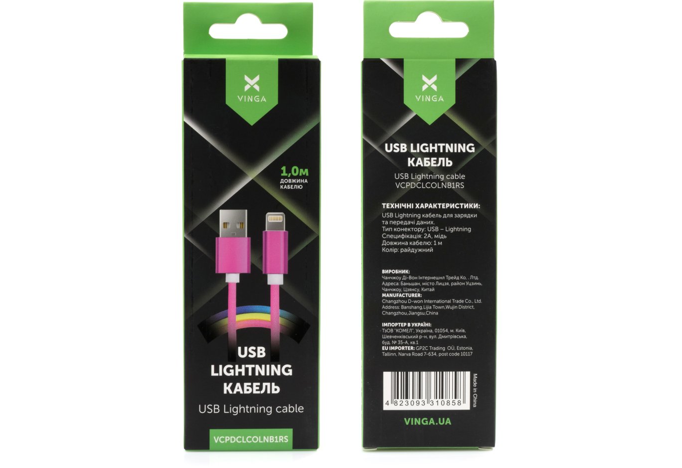 Дата кабель USB 2.0 AM to Lightning 1.0m rainbow nylon Vinga (VCPDCLCOLNB1RS)