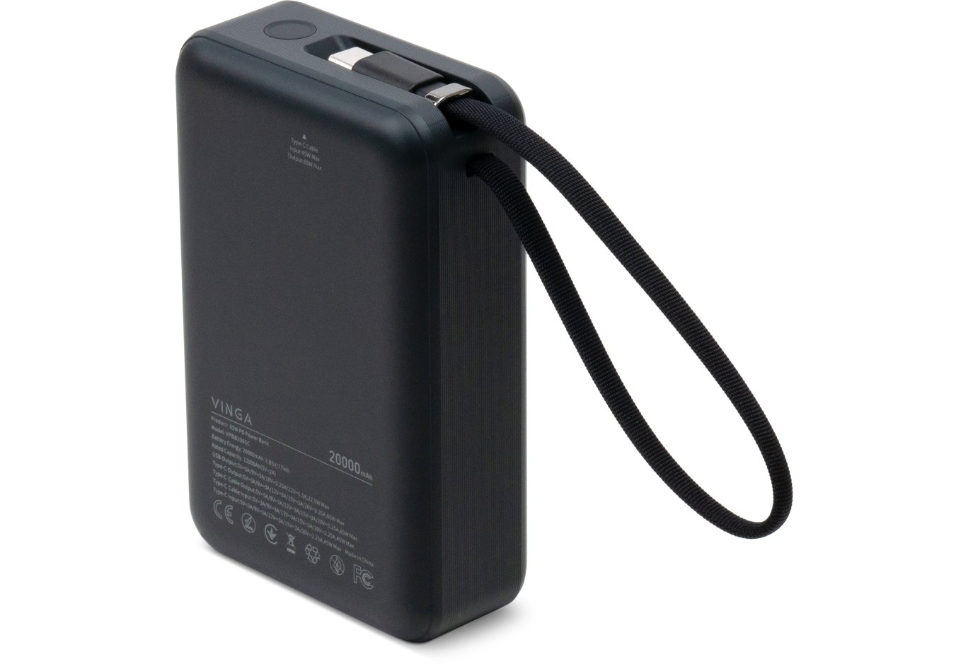 Батарея універсальна Vinga 20000 mAh 65W Display USB-C Cable Grey (VPBB2065C)